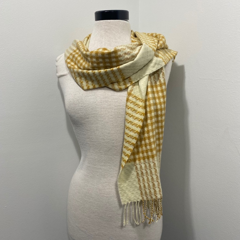 VTG‎ Luxury 100 Cashmere Unisex Scarf Plaid Mustard Cream Fringe Made in England